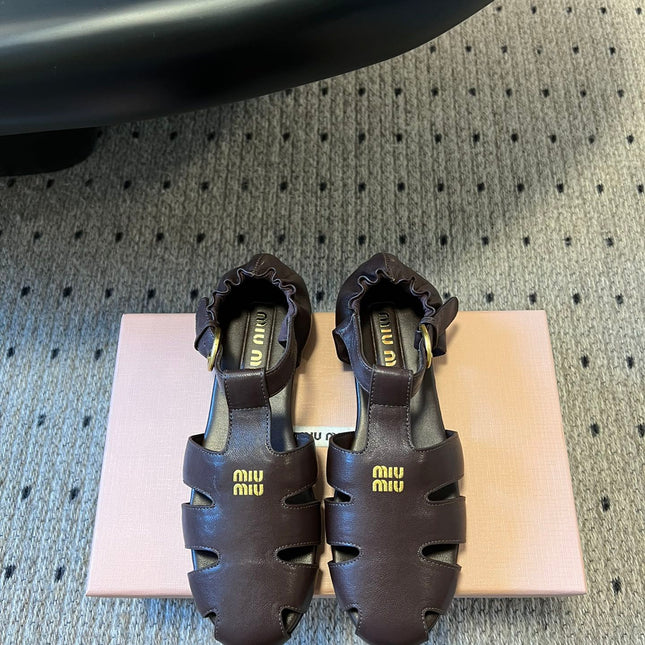 MIUMIU 26S FISHERMAN SANDALS IN DARK BROWN RUCHES NAPPA CALFSKIN