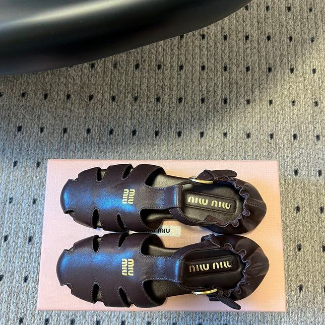 MIUMIU 26S FISHERMAN SANDALS IN DARK BROWN RUCHES NAPPA CALFSKIN