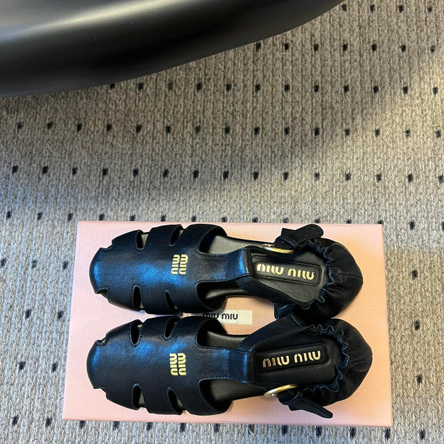 MIUMIU 26S FISHERMAN SANDALS IN BLACK RUCHES NAPPA CALFSKIN