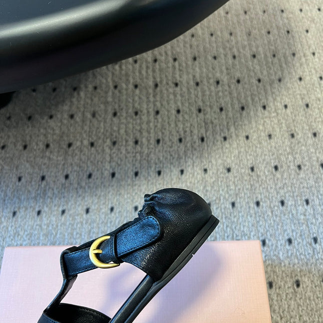 MIUMIU 26S FISHERMAN SANDALS IN BLACK RUCHES NAPPA CALFSKIN