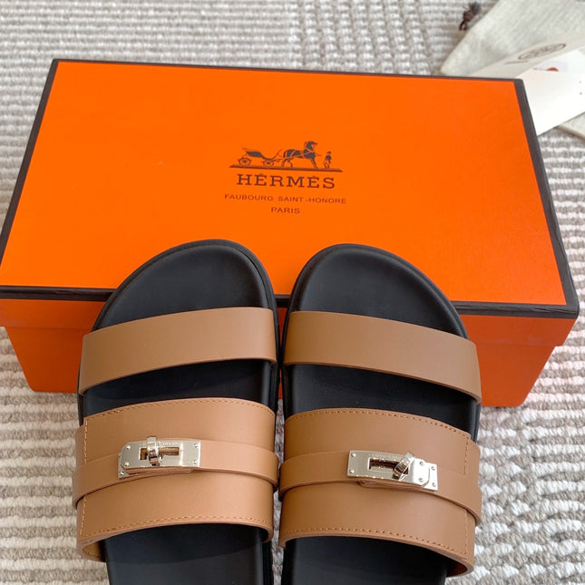 HM 26S KELLY BUCKLE DOUBLE STRAP SANDALS IN BROWN CALFSKIN GOLD HARDWARE