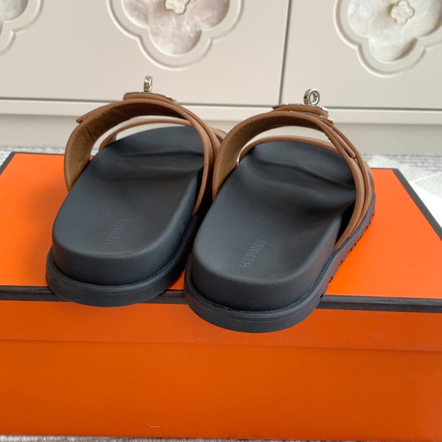 HM 26S KELLY BUCKLE DOUBLE STRAP SANDALS IN BROWN CALFSKIN GOLD HARDWARE