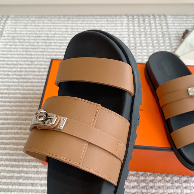 HM 26S KELLY BUCKLE DOUBLE STRAP SANDALS IN BROWN CALFSKIN GOLD HARDWARE