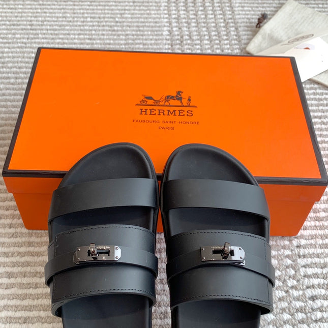 HM 26S KELLY BUCKLE DOUBLE STRAP SANDALS IN BLACK CALFSKIN BLACK HARDWARE