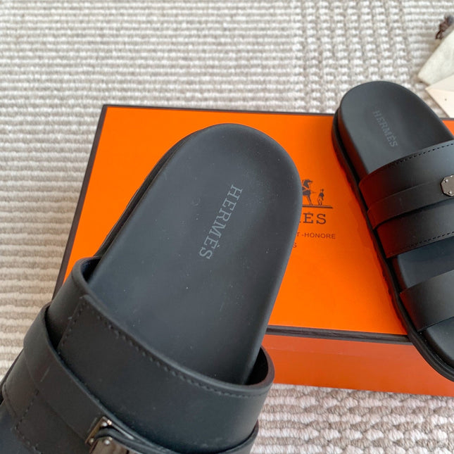 HM 26S KELLY BUCKLE DOUBLE STRAP SANDALS IN BLACK CALFSKIN BLACK HARDWARE