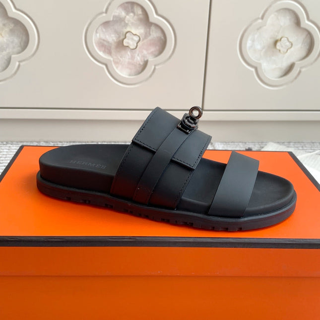 HM 26S KELLY BUCKLE DOUBLE STRAP SANDALS IN BLACK CALFSKIN BLACK HARDWARE