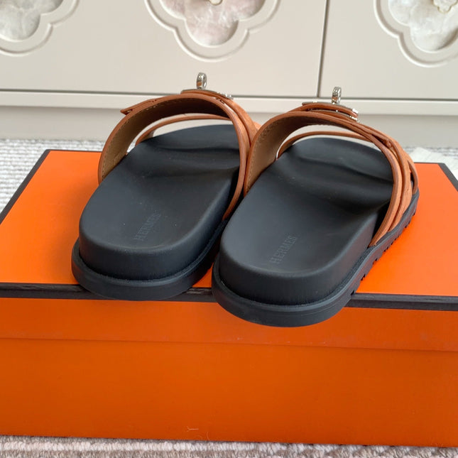 HM 26S KELLY BUCKLE DOUBLE STRAP SANDALS IN BROWN SUEDE SILVER HARDWARE