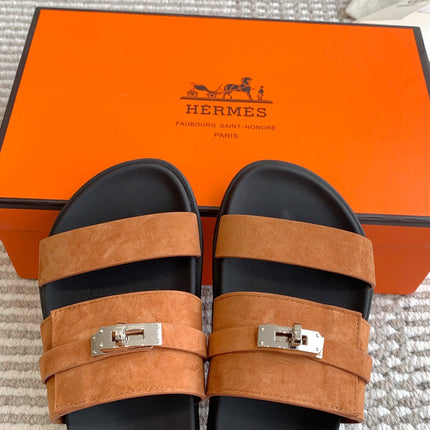 HM 26S KELLY BUCKLE DOUBLE STRAP SANDALS IN BROWN SUEDE SILVER HARDWARE