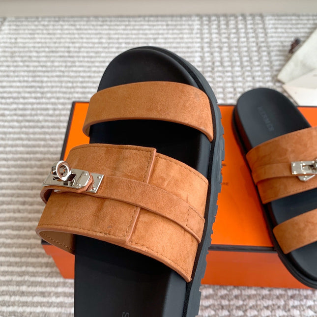 HM 26S KELLY BUCKLE DOUBLE STRAP SANDALS IN BROWN SUEDE SILVER HARDWARE