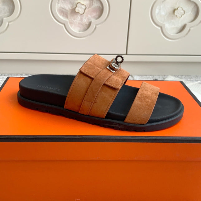 HM 26S KELLY BUCKLE DOUBLE STRAP SANDALS IN BROWN SUEDE SILVER HARDWARE