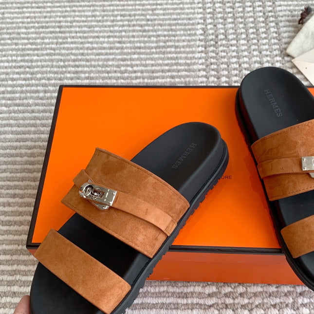 HM 26S KELLY BUCKLE DOUBLE STRAP SANDALS IN BROWN SUEDE SILVER HARDWARE