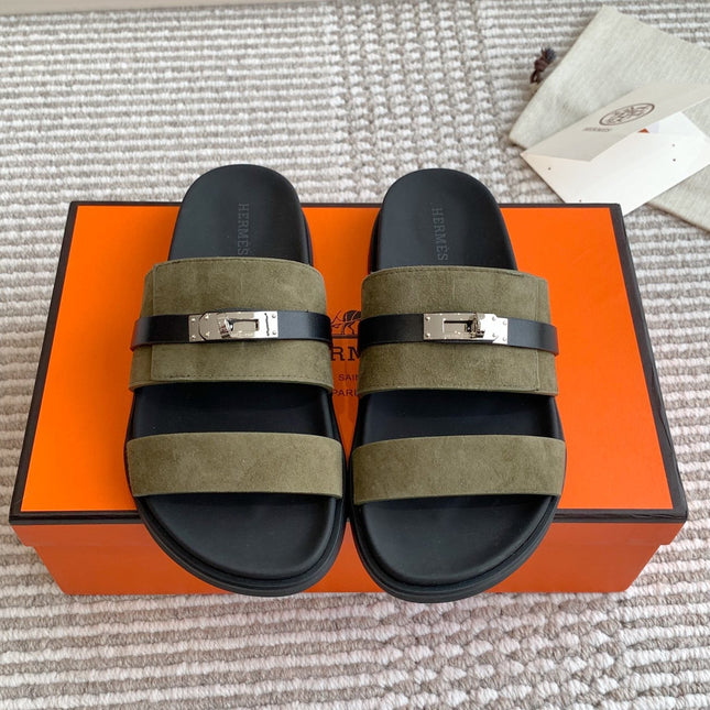 HM 26S KELLY BUCKLE DOUBLE STRAP SANDALS IN MOSS GREEN SUEDE SILVER HARDWARE