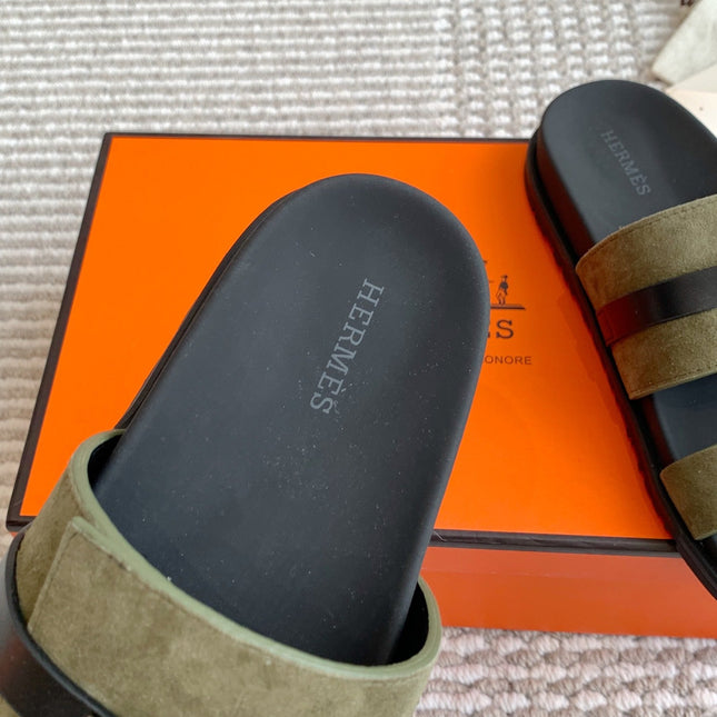 HM 26S KELLY BUCKLE DOUBLE STRAP SANDALS IN MOSS GREEN SUEDE SILVER HARDWARE