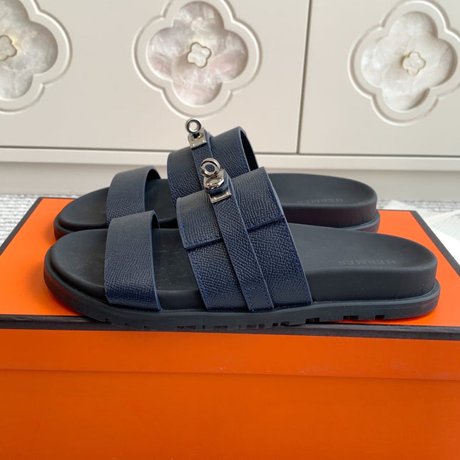 HM 26S KELLY BUCKLE DOUBLE STRAP SANDALS IN NAVY BLUE CALFSKIN SILVER HARDWARE