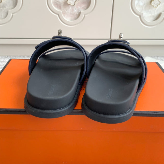HM 26S KELLY BUCKLE DOUBLE STRAP SANDALS IN NAVY BLUE CALFSKIN SILVER HARDWARE