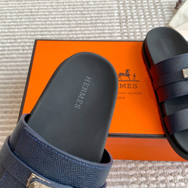 HM 26S KELLY BUCKLE DOUBLE STRAP SANDALS IN NAVY BLUE CALFSKIN SILVER HARDWARE