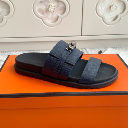 HM 26S KELLY BUCKLE DOUBLE STRAP SANDALS IN NAVY BLUE CALFSKIN SILVER HARDWARE