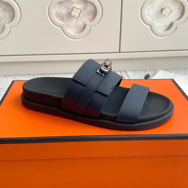 HM 26S KELLY BUCKLE DOUBLE STRAP SANDALS IN NAVY BLUE CALFSKIN SILVER HARDWARE