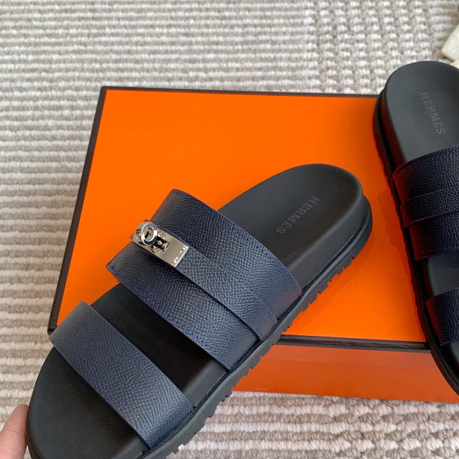 HM 26S KELLY BUCKLE DOUBLE STRAP SANDALS IN NAVY BLUE CALFSKIN SILVER HARDWARE