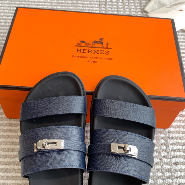 HM 26S KELLY BUCKLE DOUBLE STRAP SANDALS IN NAVY BLUE CALFSKIN SILVER HARDWARE