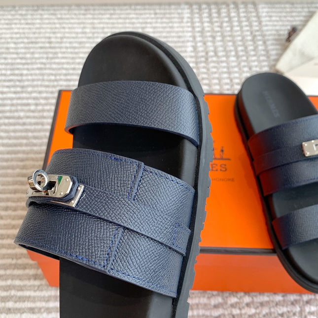 HM 26S KELLY BUCKLE DOUBLE STRAP SANDALS IN NAVY BLUE CALFSKIN SILVER HARDWARE