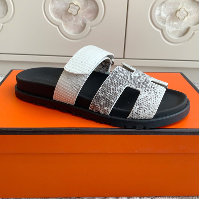 HM 26S CHYPRE SANDALS IN WHITE CALFSKIN WITH SNAKESKIN PRINT STRAP