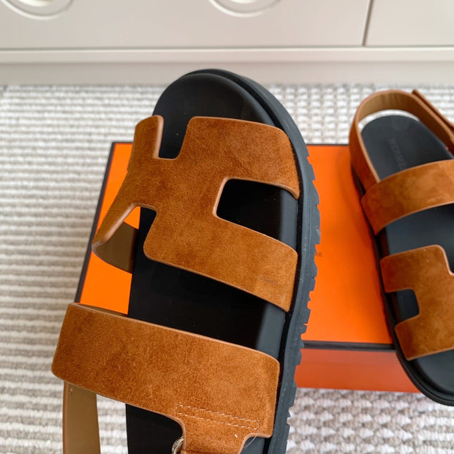 HM 26S CHYPRE SANDAL WITH BACK STRAP IN CARAMEL BROWN SUEDE