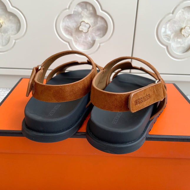 HM 26S CHYPRE SANDAL WITH BACK STRAP IN CARAMEL BROWN SUEDE