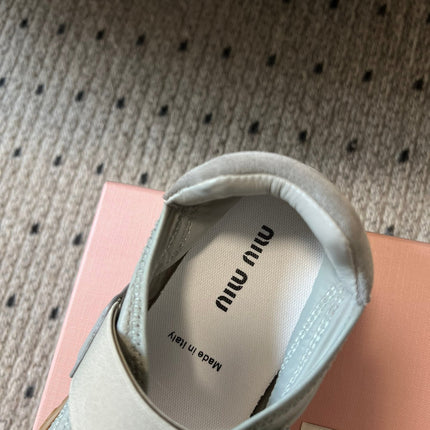 MIUMIU 26S BALLERINAS SHOES IN SAGE GREEN TYRE TECHNICAL FABRIC GREY SUEDE