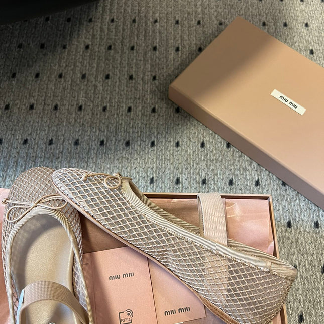 MIUMIU 26S BALLERINAS IN BEIGE MESH FABRIC WITH BOW