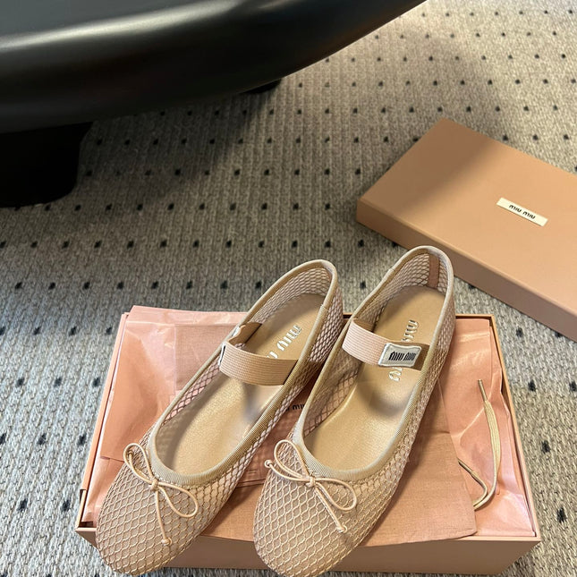 MIUMIU 26S BALLERINAS IN BEIGE MESH FABRIC WITH BOW