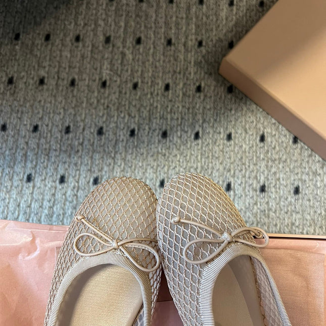 MIUMIU 26S BALLERINAS IN BEIGE MESH FABRIC WITH BOW