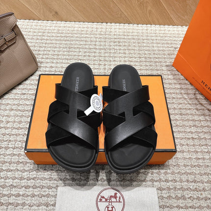 HM 26S CROSS-STRAP SLIDE SANDALS IN BLACK CALFSKIN AND SUEDE