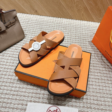 HM 26S CROSS-STRAP SLIDE SANDALS IN TAN BROWN CALFSKIN AND SUEDE