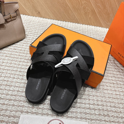 HM 26S CROSS-STRAP SLIDE SANDALS IN BLACK EPSOM CALFSKIN AND SUEDE