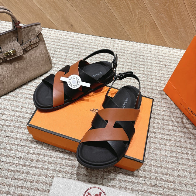 HM 26S CROSS-STRAP SANDALS IN BROWN AND BLACK CALFSKIN