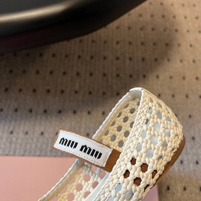 MIUMIU 26S BALLERINA FLATS IN CREAM WHITE MESH SHEEPSKIN