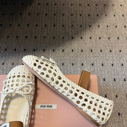 MIUMIU 26S BALLERINA FLATS IN CREAM WHITE MESH SHEEPSKIN