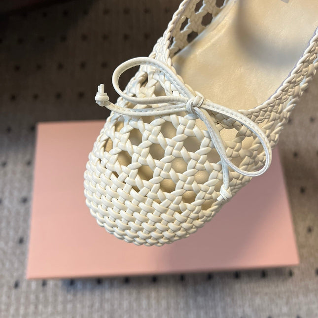 MIUMIU 26S BALLERINA FLATS IN CREAM WHITE MESH SHEEPSKIN