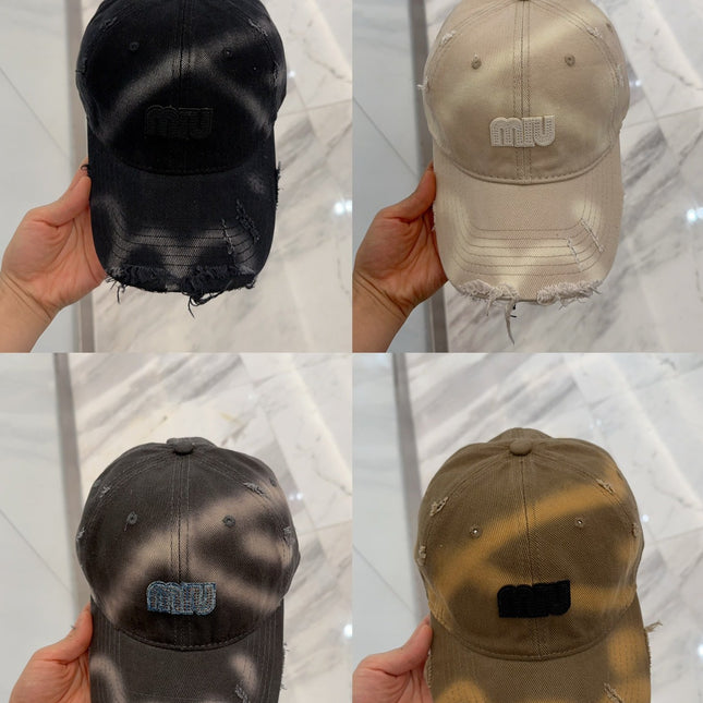 MIUMIU BASEBALL CAP IN DARK MOCHA BROWN DISTRESSED FABRIC STYLE 2