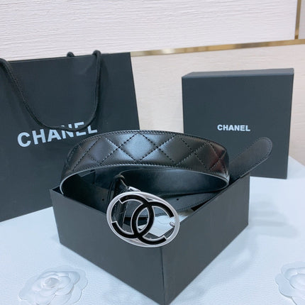DOUBLE C BELT 38MM IN BLACK QUILTED LAMBSKIN SILVER OVAL BUCKLE CENTERED BLACK LOGO
