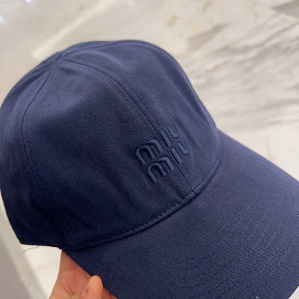 MIUMIU BASEBALL CAP IN NAVY BLUE FABRIC EMBROIDERED LOGO STYLE 1