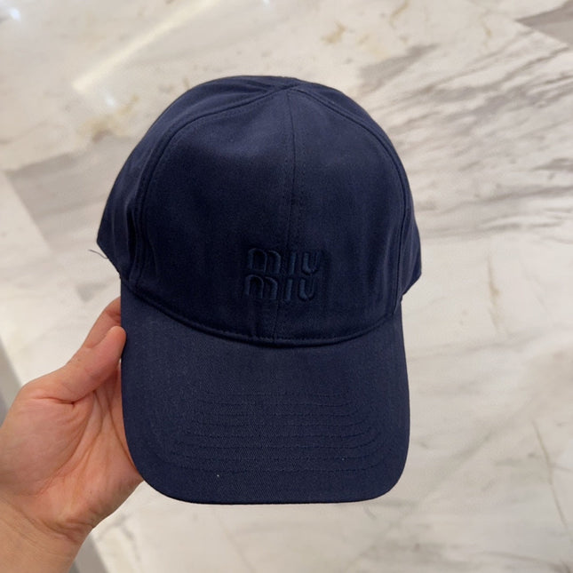 MIUMIU BASEBALL CAP IN NAVY BLUE FABRIC EMBROIDERED LOGO STYLE 1