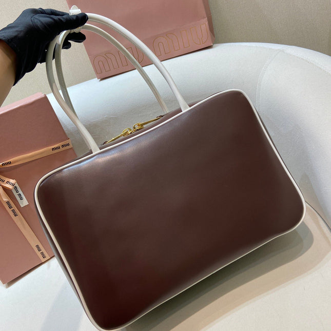MIUMIU 26S BEAU BAG 34 IN DARK BROWN AND WHITE CALFSKIN