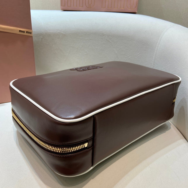 MIUMIU 26S BEAU BAG 34 IN DARK BROWN AND WHITE CALFSKIN
