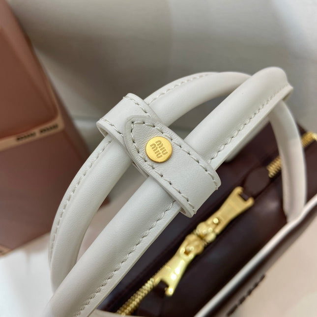 MIUMIU 26S BEAU BAG 30 IN DARK BROWN AND WHITE CALFSKIN