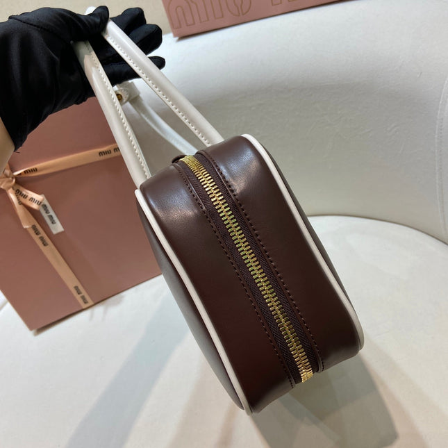 MIUMIU 26S BEAU BAG 30 IN DARK BROWN AND WHITE CALFSKIN