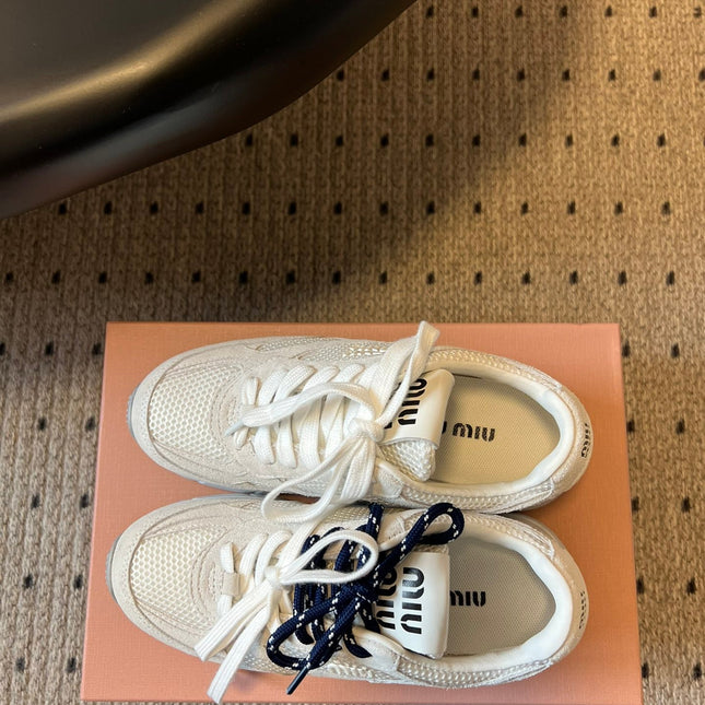 MIUMIU 26S SNEAKERS IN WHITE MESH MIX CALFSKIN