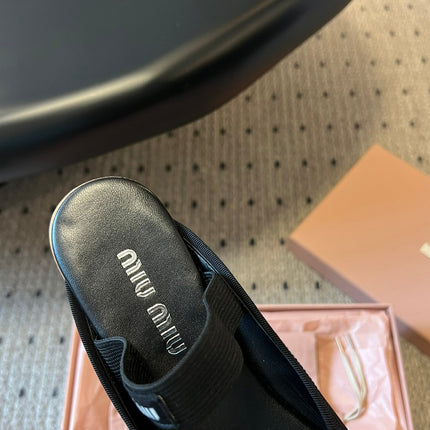 MIUMIU 26S BALLET MULES IN BLACK SATIN WITH BOW
