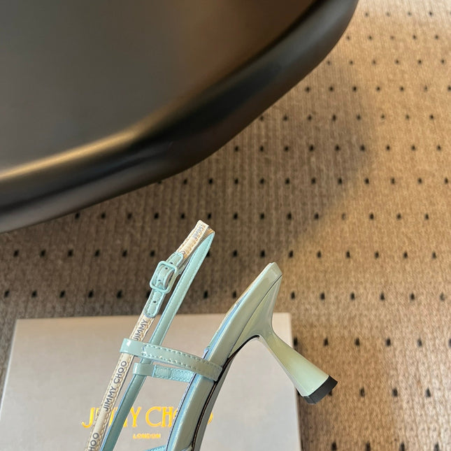 JIMMY CHOO 26S SLINGBACK HEELS 65 MM IN PASTEL BLUE PATENT CALFSKIN